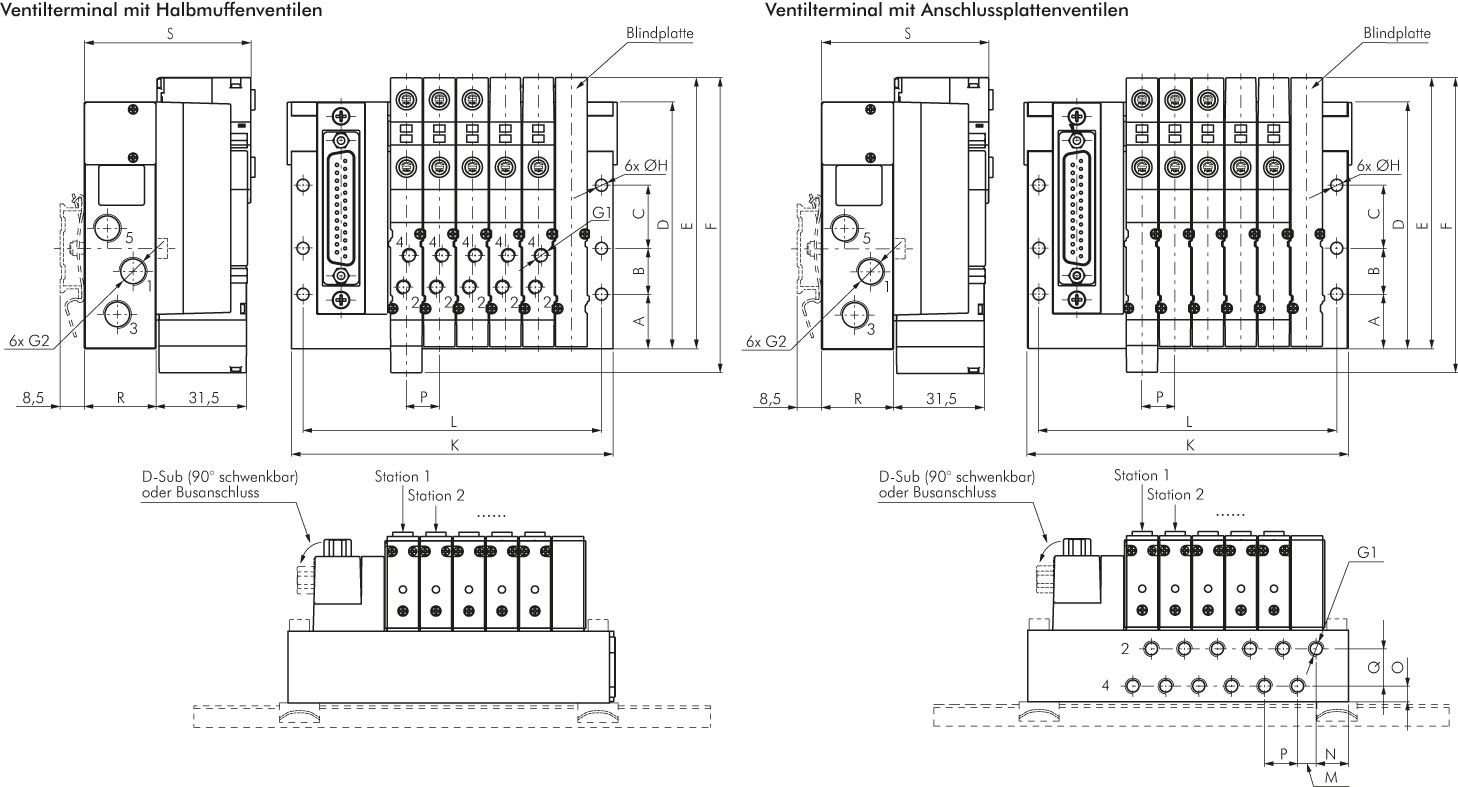 Ventilterminal 4x5/2-Wege, Multipol, M 5 an Ventilen (oben)