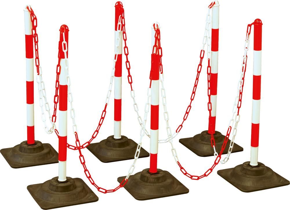 Kettenpfosten-Set EcoMax mit 10 m Absperrkette 3x rot/weiß, 3x weiß/rot,6x Hartgummifuß