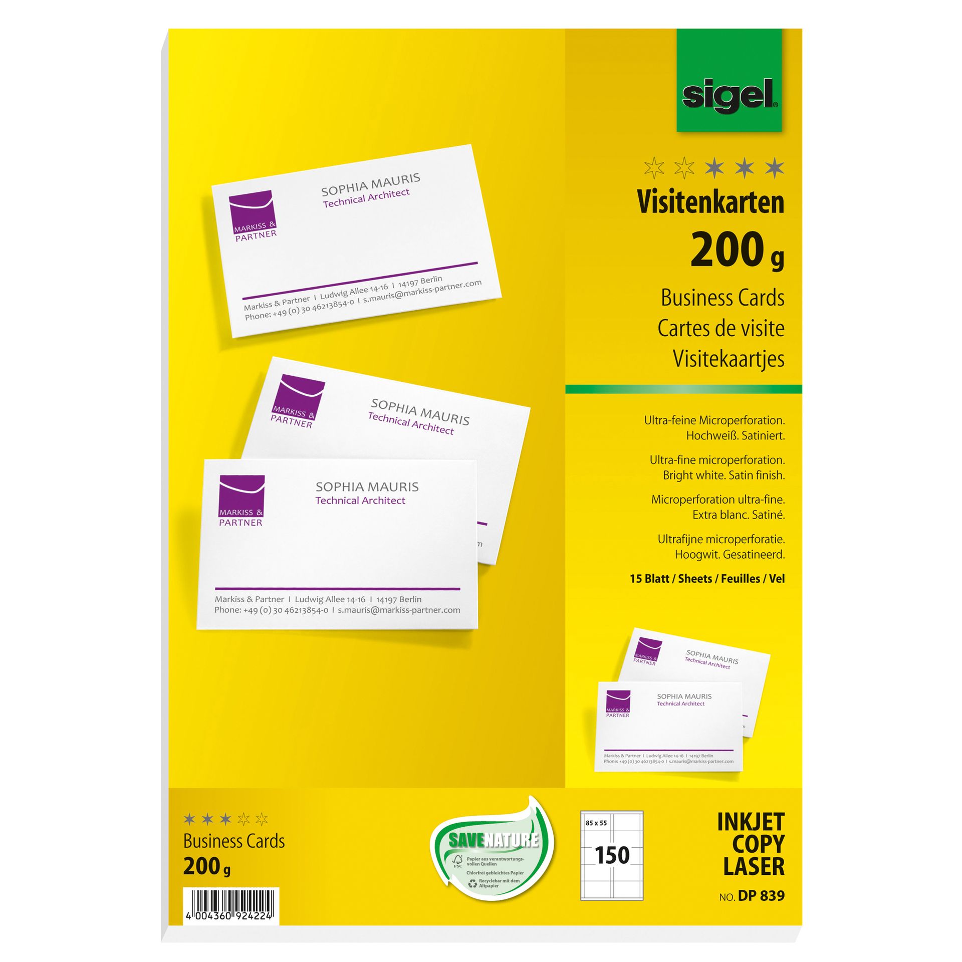 Visitenkarte 85x55mm 200g weiß 150 St./Pack.