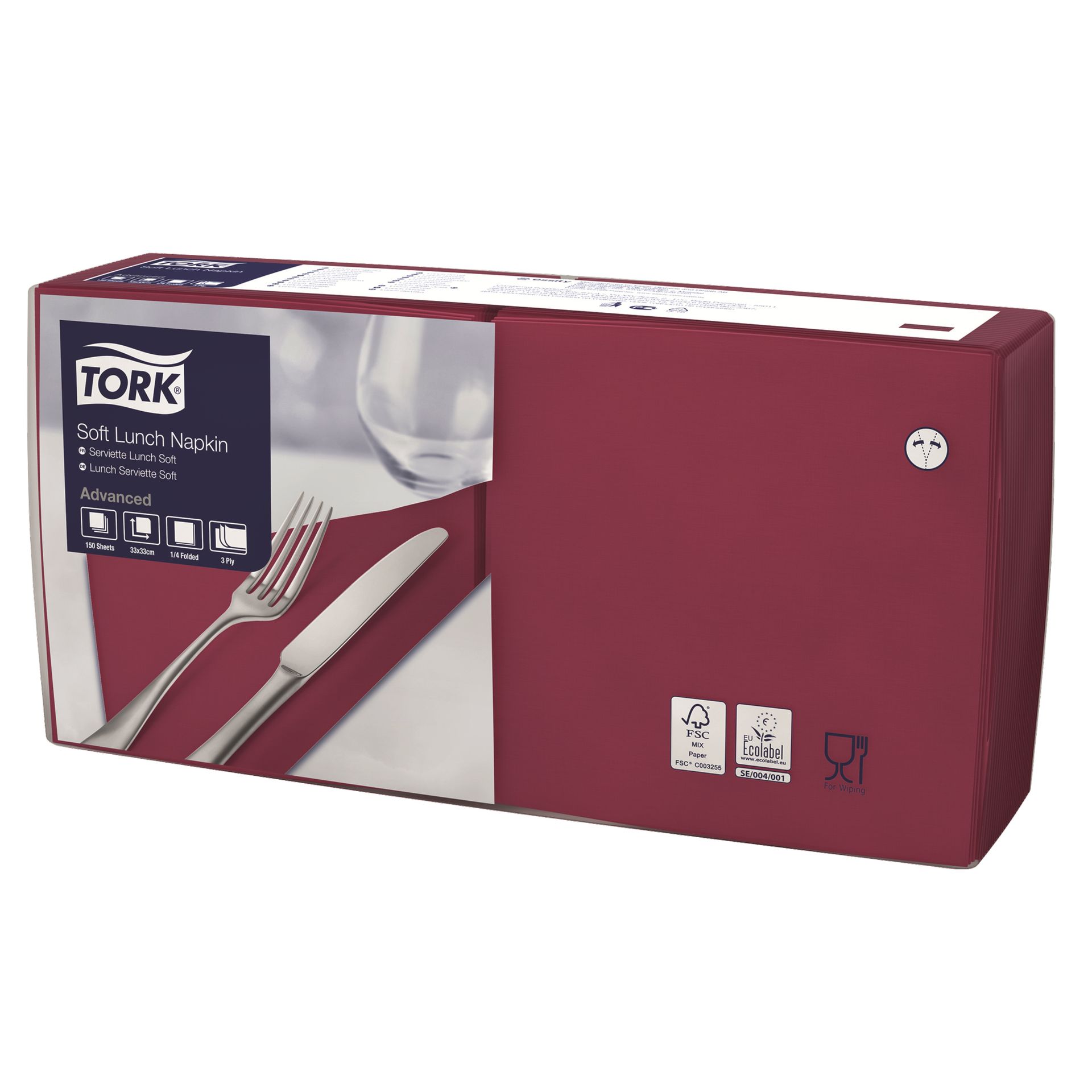Serviette 33x33cm 3lg. 1/4 Falz bordeaux 150 St./Pack.