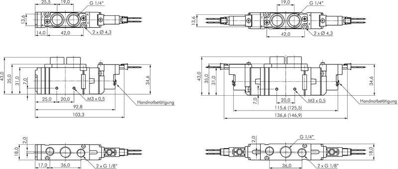 5/2-Wege Magnetventil, G 1/4" (G 1/8"), Impulsventil, 24 V=