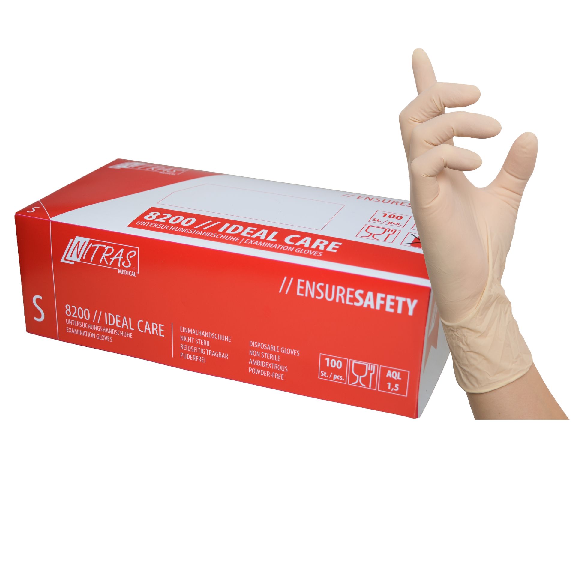 NITRAS IDEAL CARE, Latex-Einmalhandschuhe, naturfarben, Box à 100 Stück