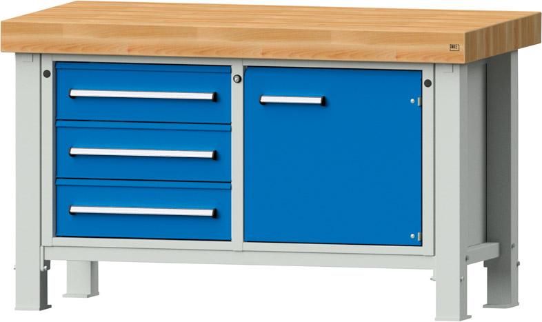 Anke Schwerlastwerkbank B1500xT800xH900mm RAL7035/5012 BMP: 100 mm 3 Schubladen, 1 Tür