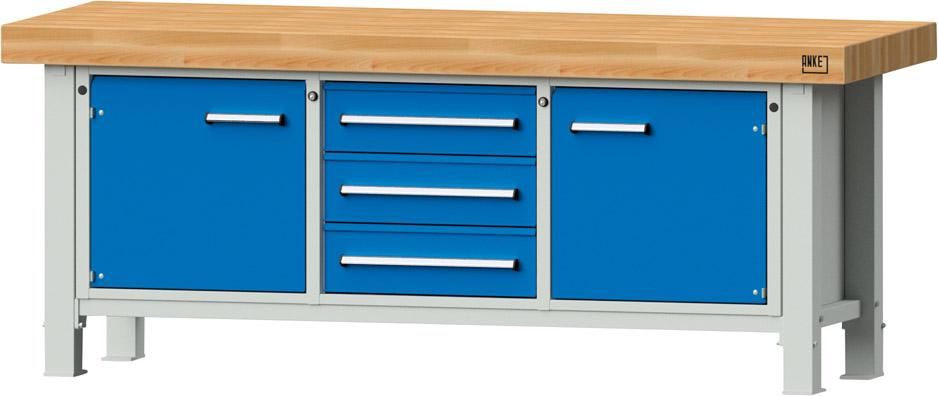 Anke Schwerlastwerkbank B2250xT800xH900mm RAL7035/5012 BMP: 100 mm 3 Schubladen, 2 Türen