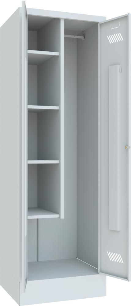 Putzmittelschrank verk. Trennwand, 4 Böden auf Sockel RAL 7035 B600xT500xH1850mm