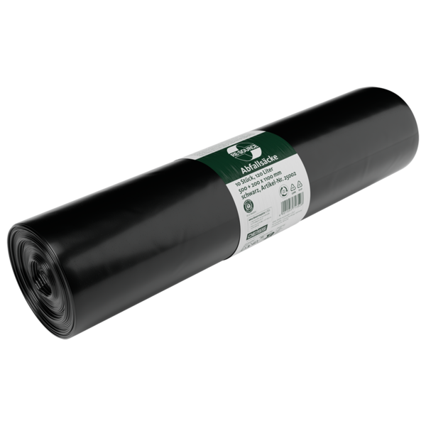 Abfallsäcke aus Recycling-LDPE 120 l mit PP-Band in Seitenfalte -  RL=10Stk,100Stk=Karton, schwarz