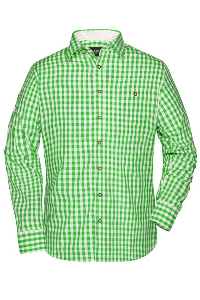 Men's Traditional Shirt Damenbluse und Herrenhemd im klassischen Trachtenlook weiß/grün, Gr. S