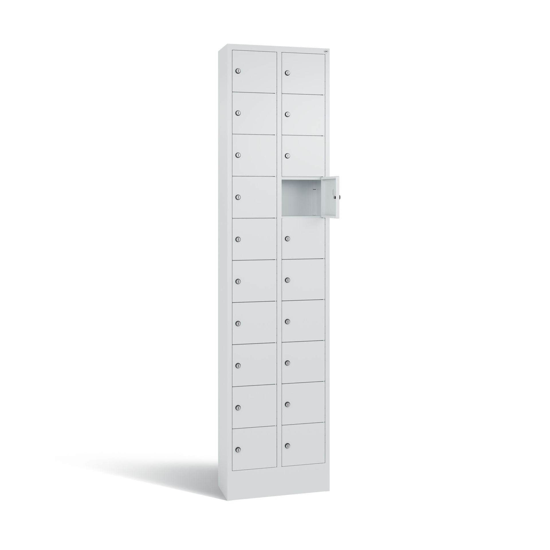 Kleingefachschrank B460xT200xH1950 mm RAL 7035, mit Sockel 2x10 Fächer
