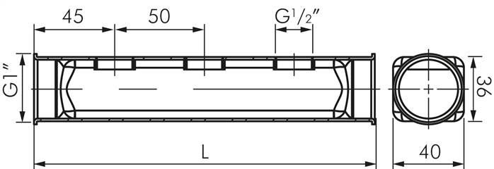 Verteilerleiste 2 x G 1", Abgänge einseitig 2 x G 1/2"