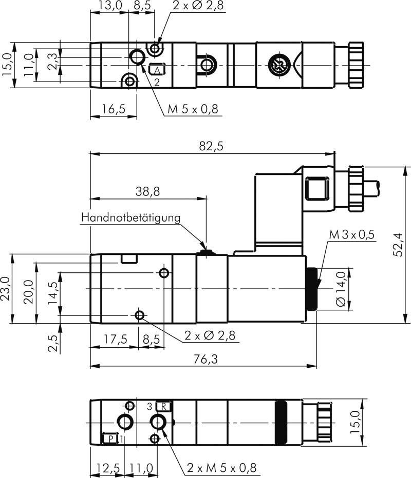 3/2-Wege Magnetventil, M 5, Federrückstellung (NC), 24 V=