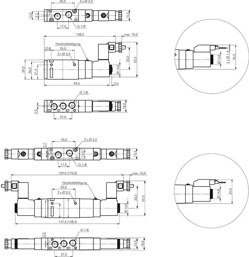 5/2-Wege Magnetventil, G 1/8", Federrückstellung, 24 V=