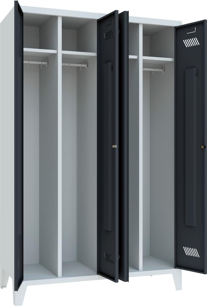 Garderobenschrank 4 Abteile, 300mm auf Füßen RAL 7035/7016 B1170xT500xH1850mm