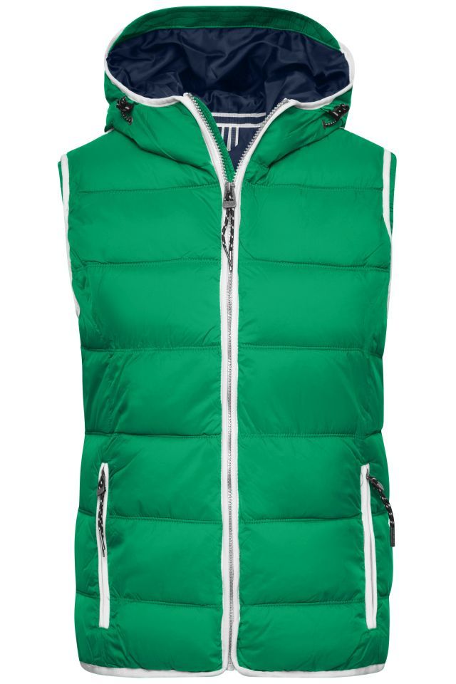 Ladies' Maritime Vest Modische Steppweste mit angeschnittener Kapuze weiß/grün, Gr. XL