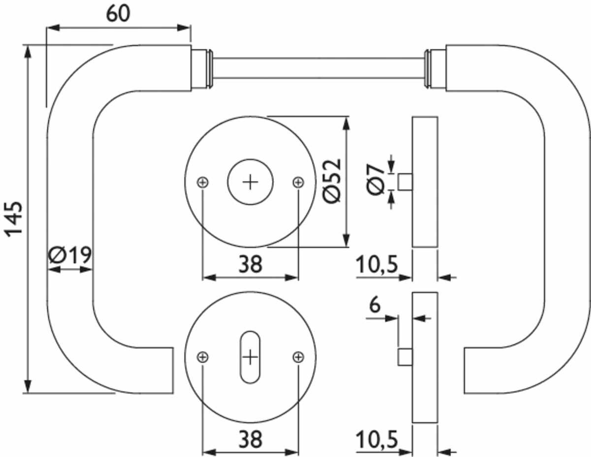 ZT-Drückergarnitur 1891 BASIC 01 / 19 mm - mit Rosetten 2036 ST - Ausf.: BB - mit Rückholfeder, Türstärke 38 - 42 mm