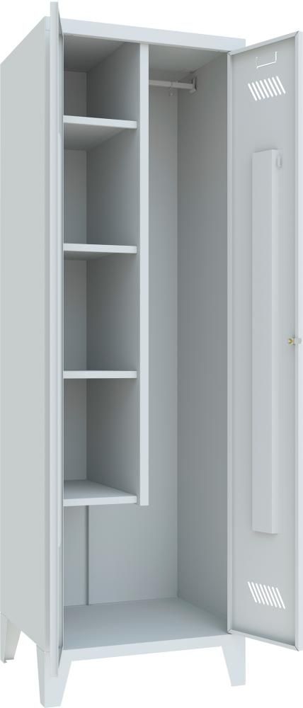 Putzmittelschrank verk. Trennwand, 4 Böden auf Füßen RAL 7035 B600xT500xH1850mm
