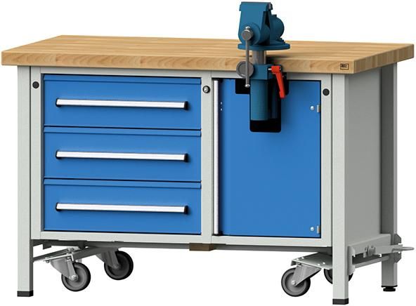 Anke Montagewerkbank B1270xT700xH850mm RAL7035/5012 BMP: 50 mm 3 Schubladen, 1 Tür
