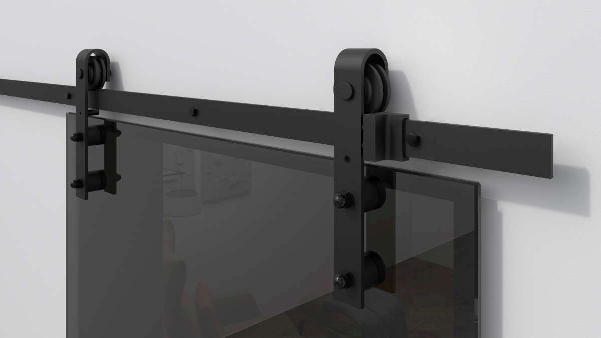 Schiebetürbeschlag DIMARO für Glastüren ohne Zarge - für 1-flg. Türen bis 1000 mm Türbreite, 80 kg - bestehend aus: Laufschiene 2000 mm, 2 Laufwagen