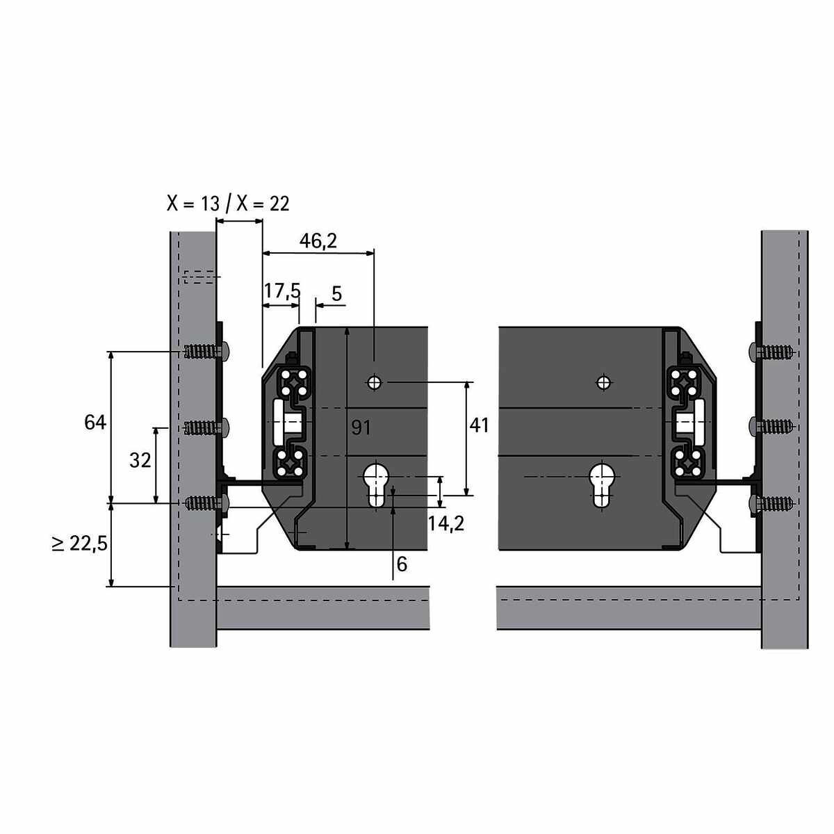 Auszugsführung Quadro Duplex 60, Maß X = 13 mm, li