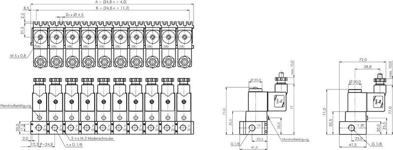 3/2-Wege Magnetventil, G 1/8" (Abluft M5), Federrückstellung (NC), 24 V=