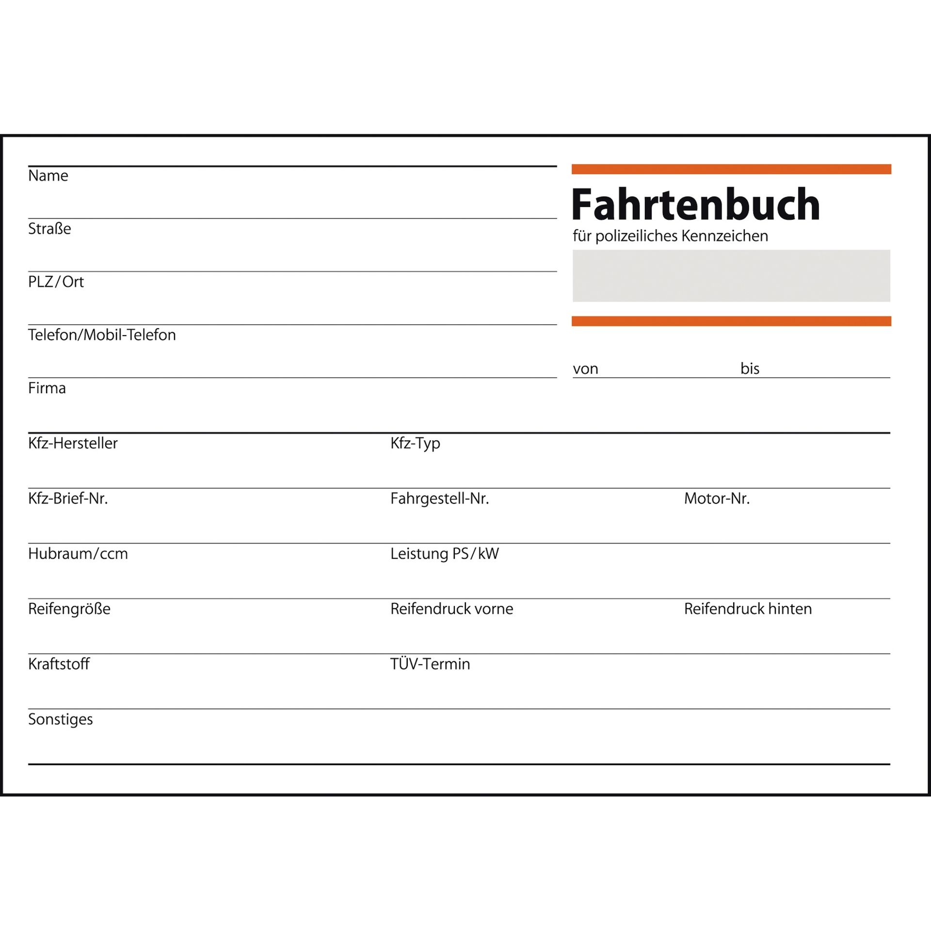 Fahrtenbuch DIN A6 für PKW 40Blatt