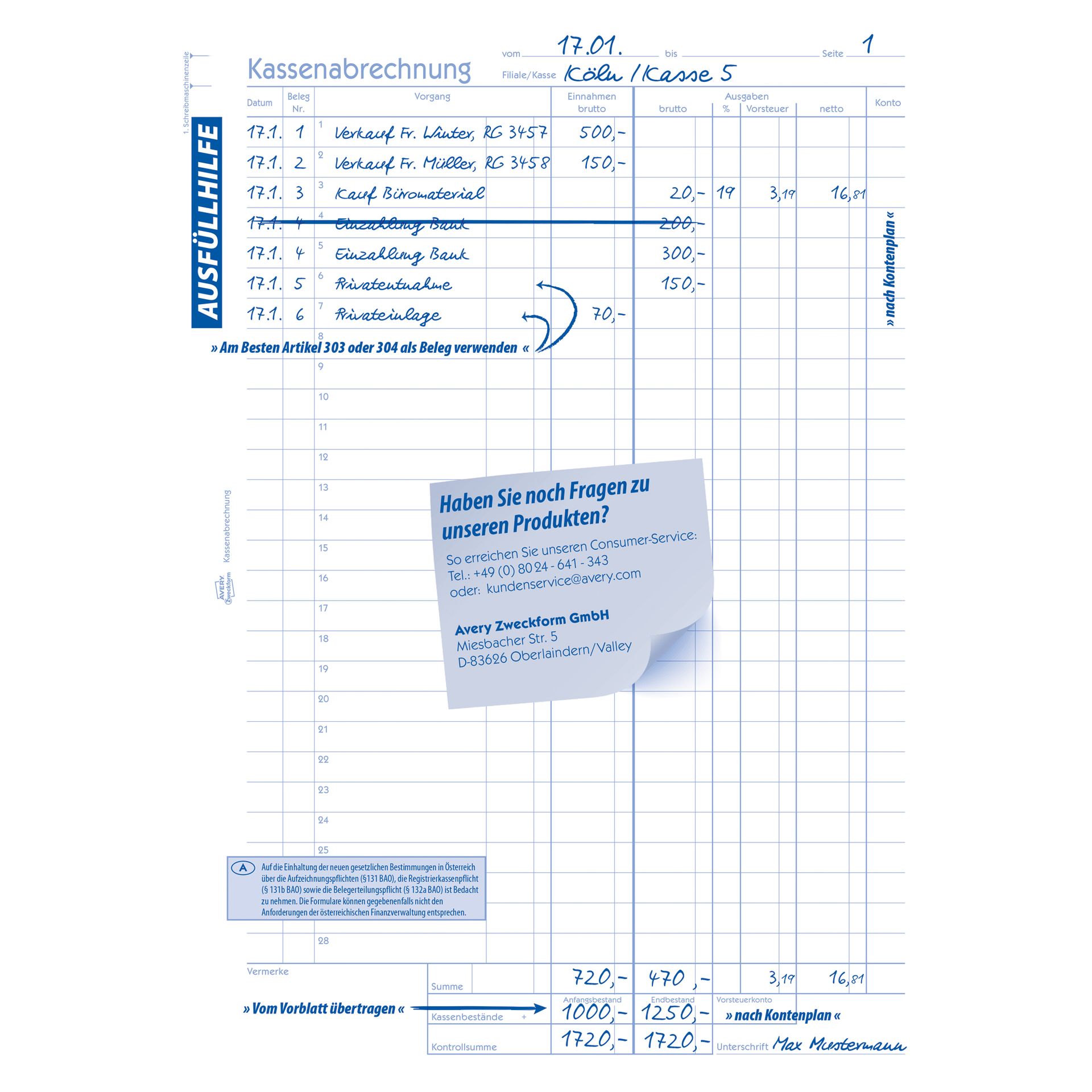 Kassenabrechnung DIN A4 2x50Blatt