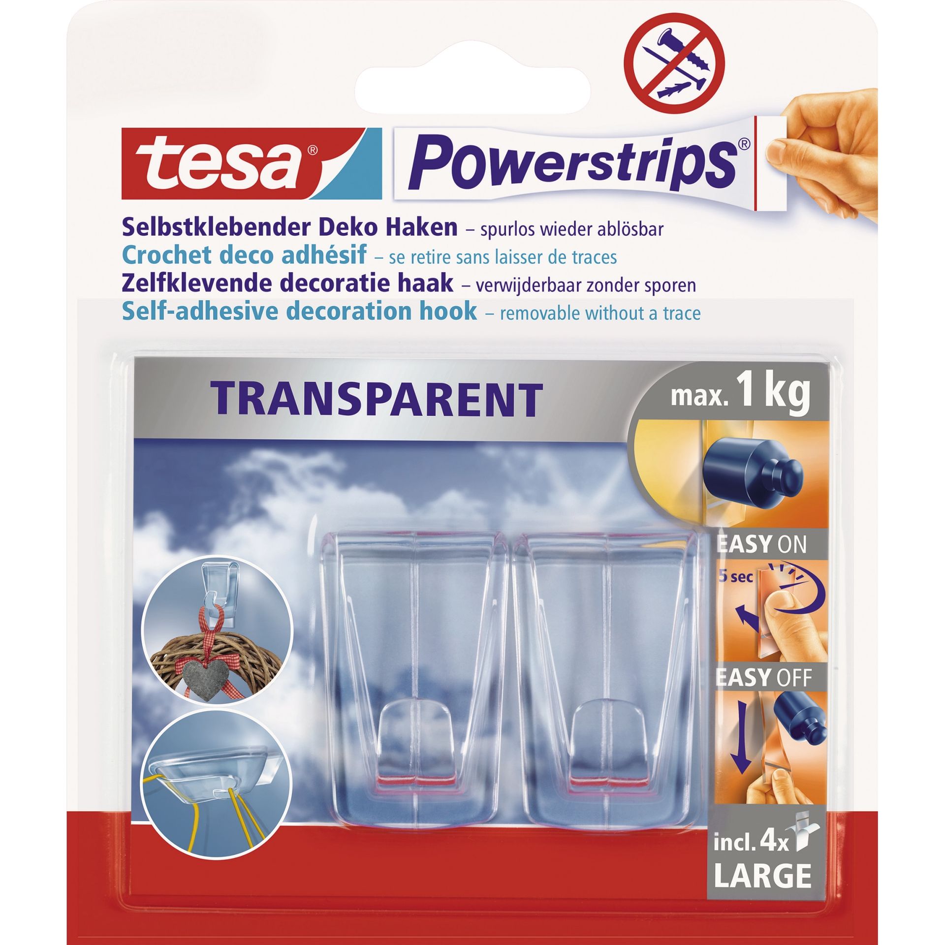 Klebestück 4 Powerstrips + 2 Haken transparent