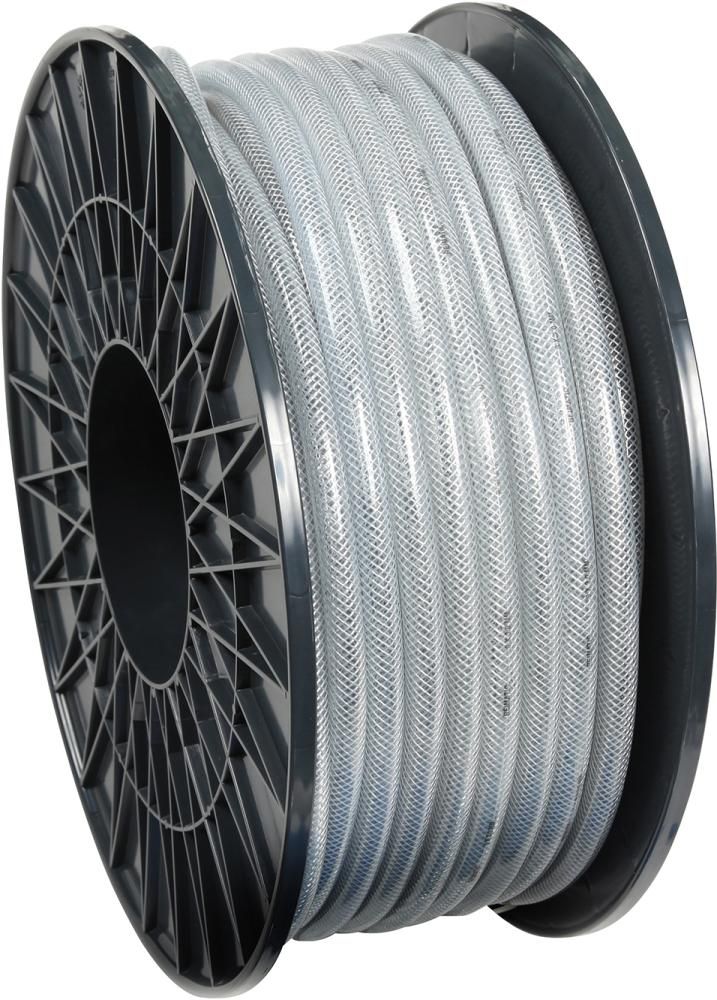 PVC-Druckschlauch, klar 9x3mm,m.Gewebe, 60m auf Spule auf Spule