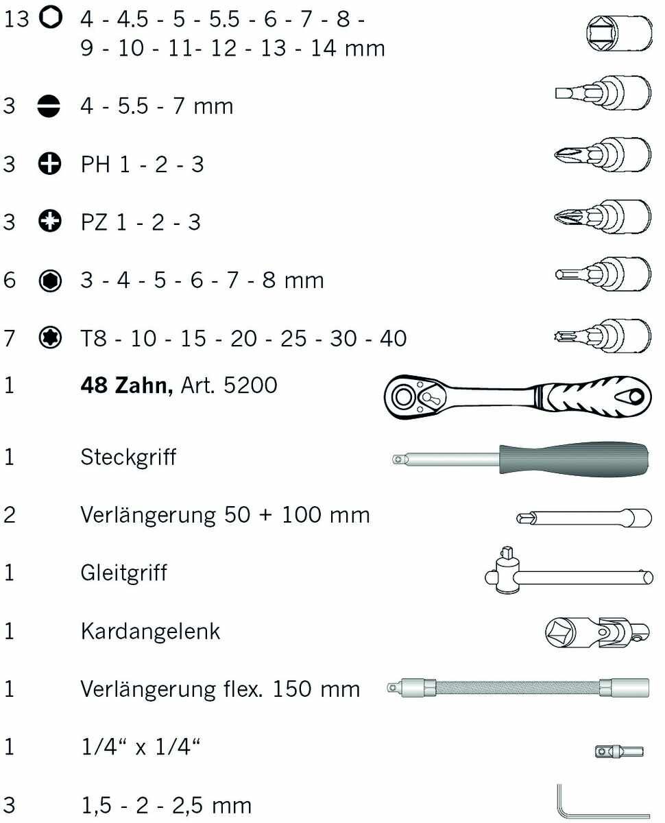 "1/4"" Steckschluessel Satz 46tlg proficraft, 72 Zah"
