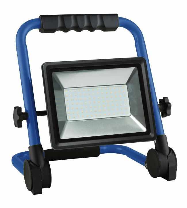 schwarz, auf klappbarem blauen Tragegestell, 3m schwere Gummischlauchleitung H05RN-F 3G1,0 mit Schutzkontaktstecker.