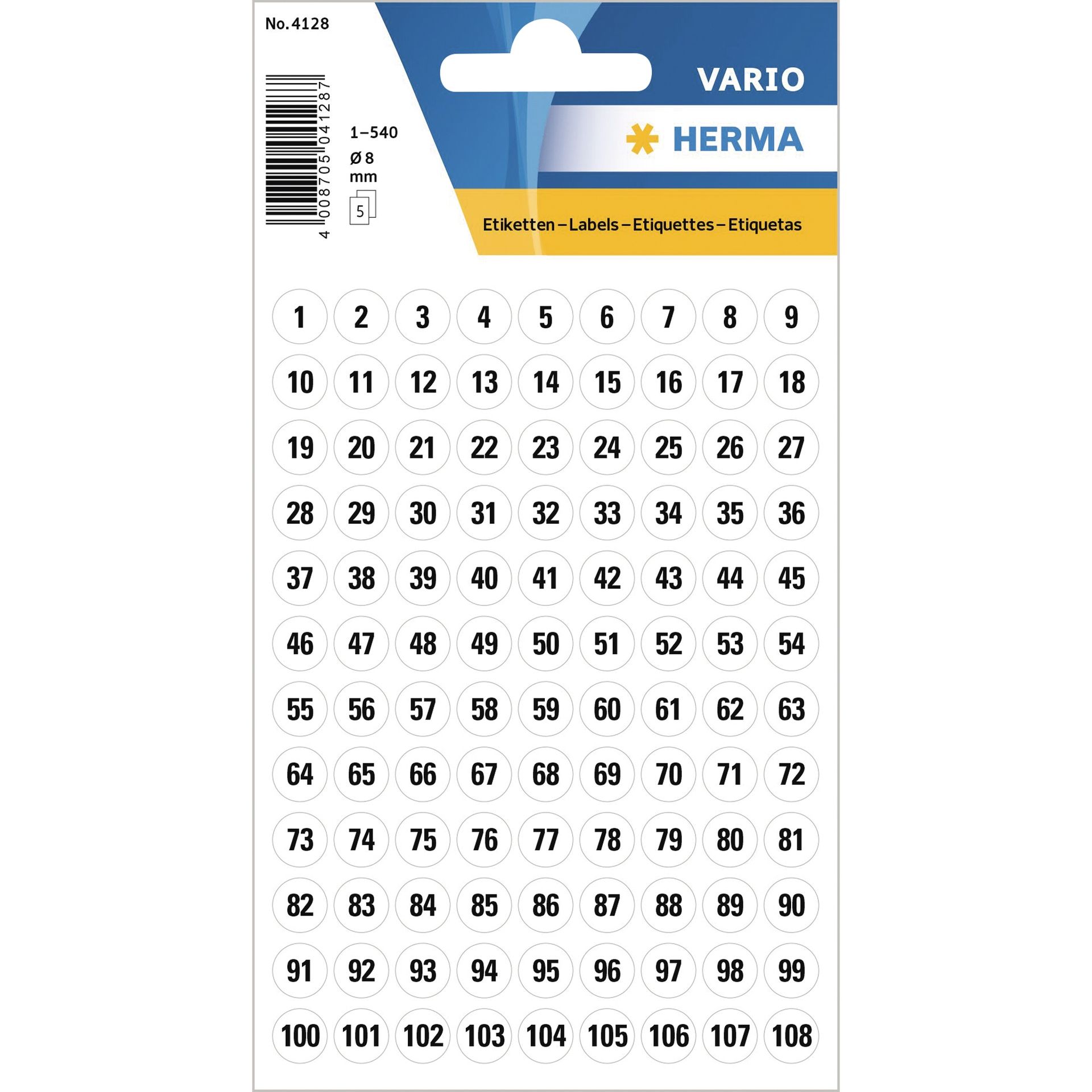 Zahlen 8mm 1-540 Papier ws sw 540 St./Pack.