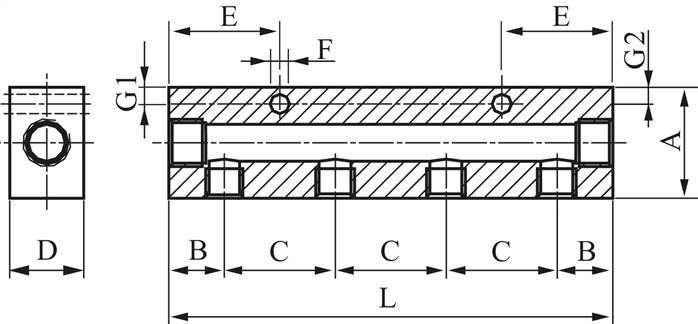 Verteilerleiste 2 x G 1/8"-2 x M 5, Aluminium eloxiert