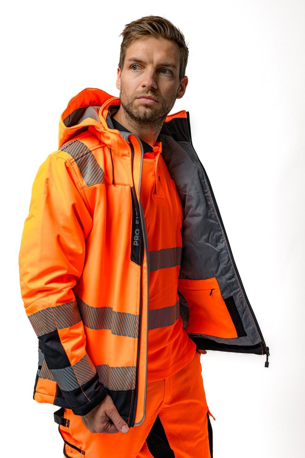 WINTER WARNSCHUTZ-SOFTSHELLJACKE , neonorange/schwarz, Gr. XL
