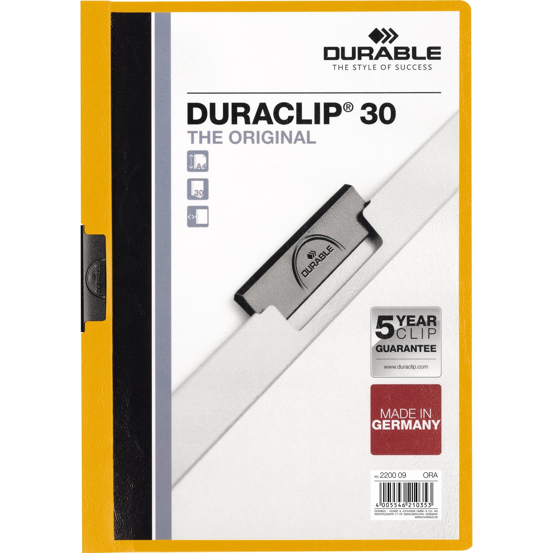 Klemmmappe DURACLIP 30 DIN A4 Hartfolie orange
