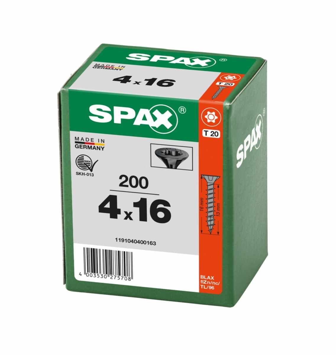 SPAX Universalschraube, 4 x 16, Vollgewinde, Senkkopf, T-STAR plus T20, 4-CUT, BLAX, 200 Stück - 1191040400163
