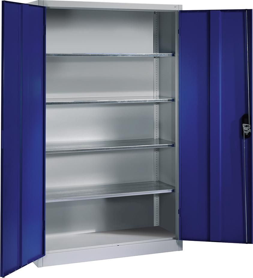 Flügeltürenschrank B930xT400xH1950 mm RAL 7035/5010,4Fachböden Tragkraft 70kg
