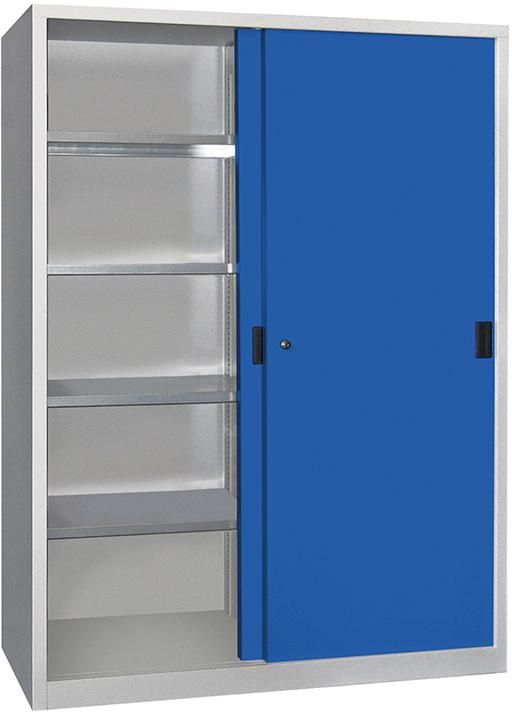 Schwerlastschrank H1950xB1500xT600 mm 8 Böden verz. Mittelwand RAL 7035/5010 Schiebetür