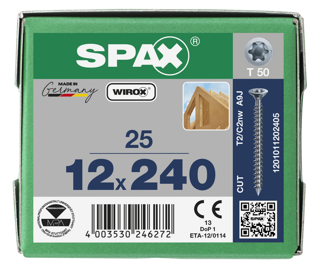 SPAX Holzbauschraube, 12 x 240 mm, 25 Stück, Vollgewinde, Senkkopf, T-STAR plus T50, CUT-Spitze, WIROX - 1201011202405