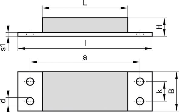 Gummimetall-Anschlag- Schiene, Typ FS, BxHxL=100x45x120 l=200, S=10, NR57, 4xø13