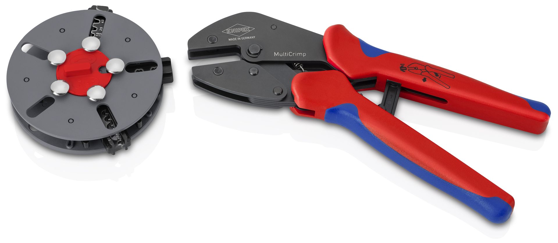 KNIPEX MultiCrimp® Crimpzange mit Wechselmagazin mit Mehrkomponenten-Hüllen brüniert 250 mm