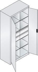 Flügeltürenschrank B930xT500xH1950 mm RAL 7035, 4 Schubladen mit Trennwand,6Fachböden