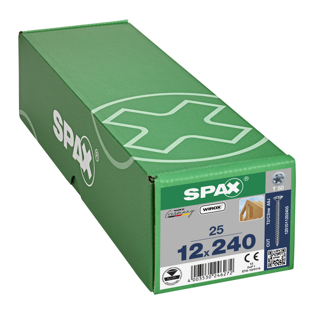 SPAX Holzbauschraube, 12 x 240 mm, 25 Stück, Vollgewinde, Senkkopf, T-STAR plus T50, CUT-Spitze, WIROX - 1201011202405