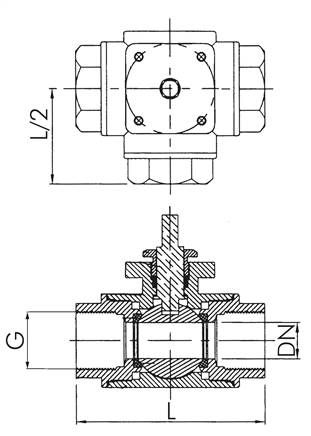 3-Wege-Kugelhahn, Direktmontageflansch G 1/4", L-Bohrung