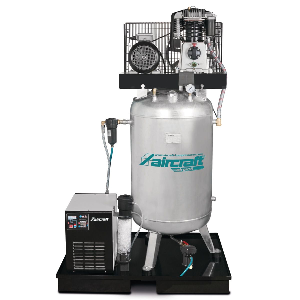 Stationärer Kolbenkompressor mit Kältetrockner, Feinfilter, Kondensataufbereiter zur Öl-Wasser-Trennung und automatischem Kondensatableiter Aircraft A