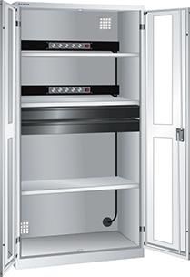 Akku-Ladeschrank B1000xT580xH1950mm RAL 7035,Sichtfenstertür 2x5-fach Leiste,4Böden