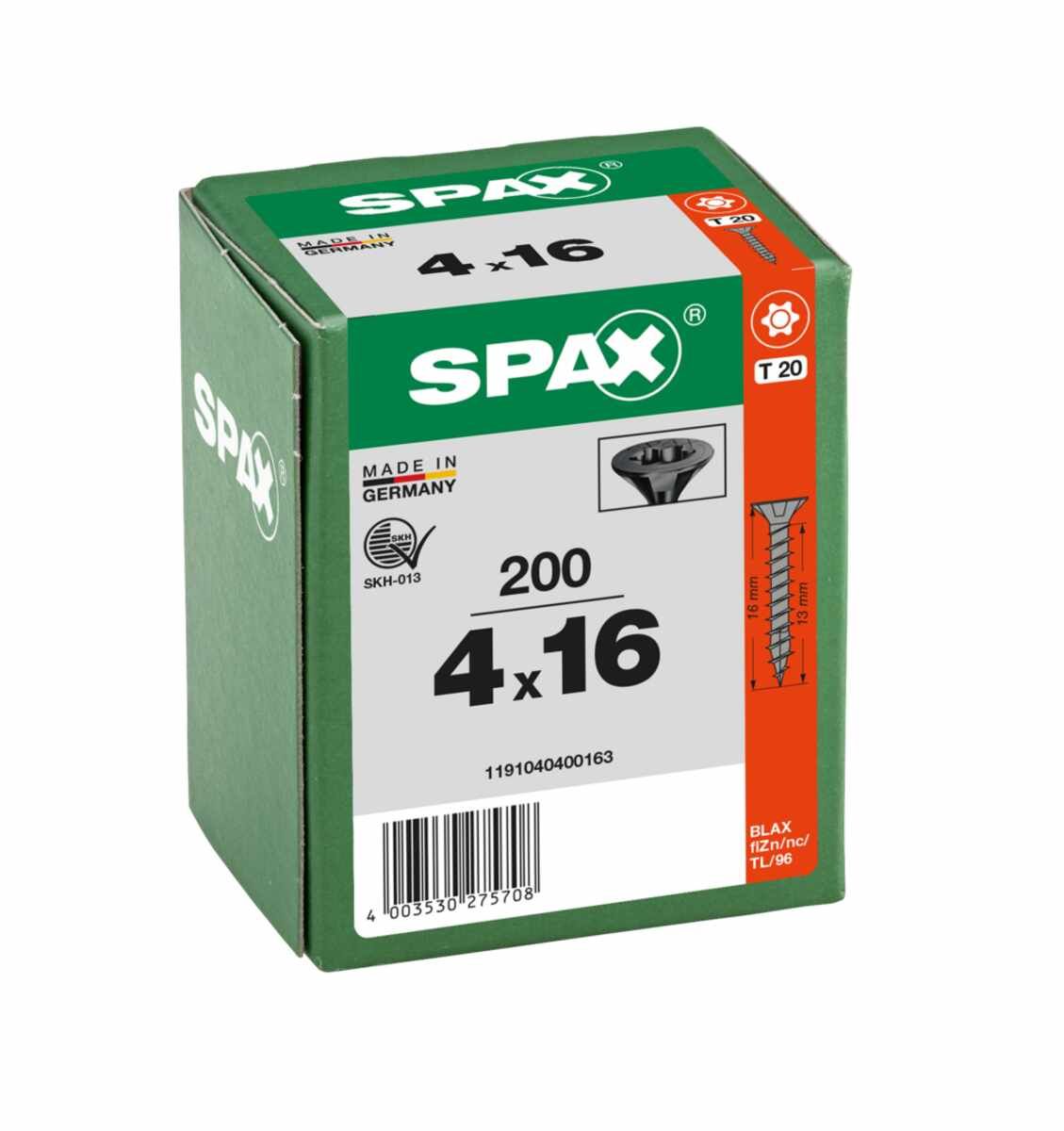 SPAX Universalschraube, 4 x 16, Vollgewinde, Senkkopf, T-STAR plus T20, 4-CUT, BLAX, 200 Stück - 1191040400163