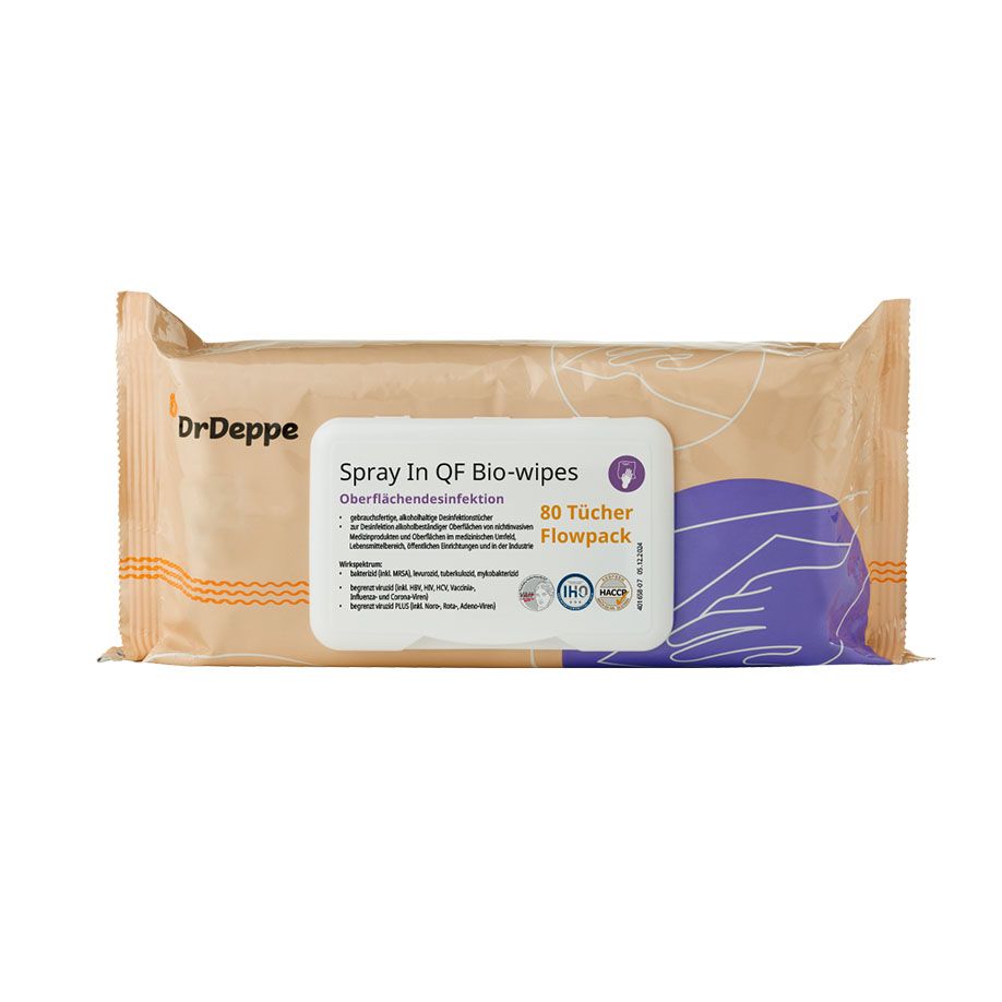 Spray In QF Bio-wipes (80 Tücher) Flow-pack, Flächendesinfektion, alkoholhaltigUK = 12 Pack