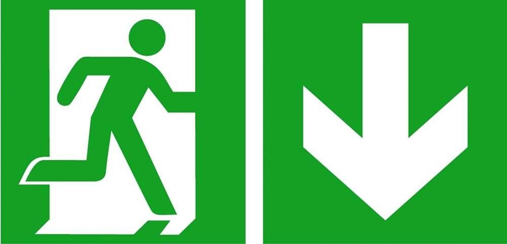 Fluchtwegschild Alu B400xH200 mm Notausgang rechts mit Pfeil abwärts langnachleuchtend
