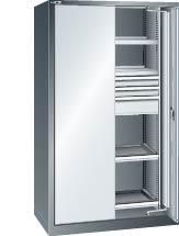 Einschwenktürenschrank B1100xT641xH1950mm RAL 7035,Vollblechtür 4 Böden,3 Schubladen