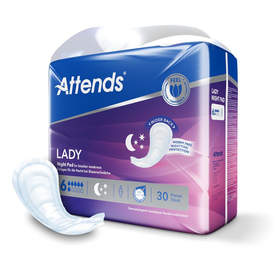 Attends Lady Night Pad 6,Inkontinenzeinlagen (30 Stck.)UK = 4 Pack