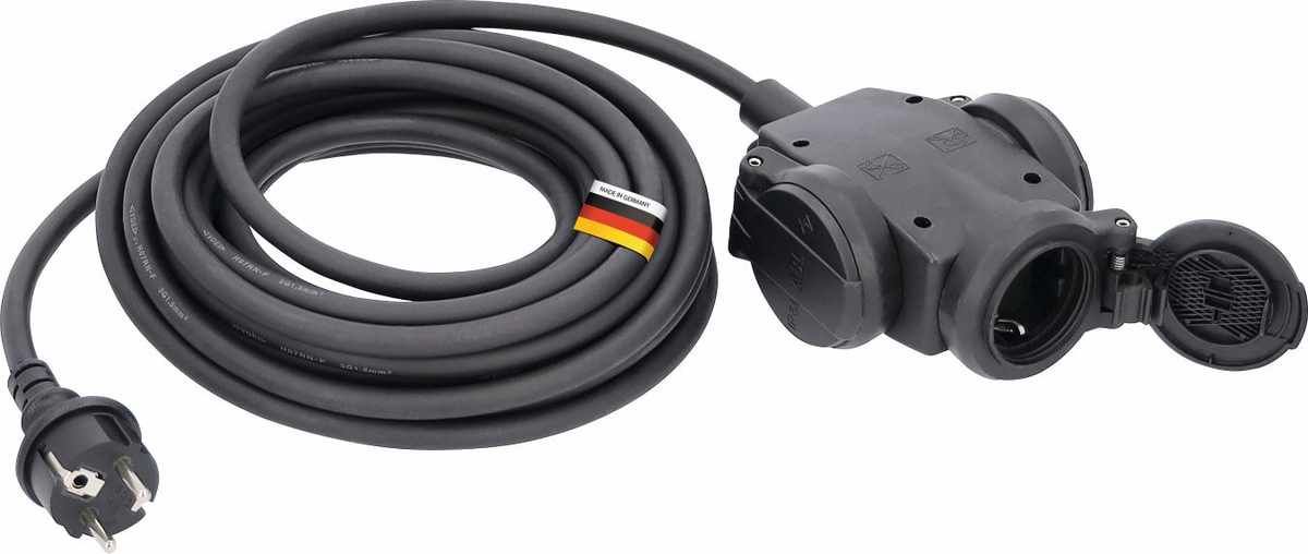 3-fach Vollgummi-Verteiler 4,5m H07RN-F 3G1,5 sw Schutzkontaktstecker und 3-fach Kupplung, IP44